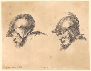 Dos retratos de hombres con barba y casco, de perfil hacia la izquierda de Stefano della Bella