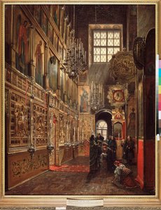 Un servicio de iglesia en la catedral de la Anunciación del Kremlin de Moscú (Un servicio de iglesia en la catedral de la Anunciación del Kremlin de Moscú) - Peinture de Stepan Mikhailovich Shukhvostov (1821-1908), huile sur toile de Stepan Mikhailovich Shukhvostov