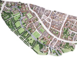 Vista aérea de Cambridge (dibujada en 1996), c.1990-2005 (tinta y acuarela) de Stephen Conlin
