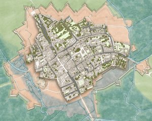Oxford moderno sobre las defensas de la Guerra Civil, c.1644-1646 (tinta, acuarela, edición digital) de Stephen Conlin