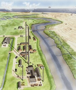 Orford Ness, Suffolk, c.1935-1945 (tinta, aerógrafo, acuarela) de Stephen Conlin