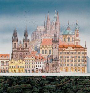 Edificios de Praga y tanques rusos, c.1980-1991 (tinta y acuarela)