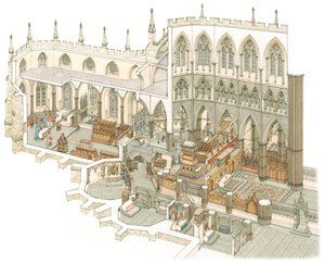El extremo este de la abadía de Westminster poco antes de la Reforma, c.1500-1525 (tinta y acuarela) de Stephen Conlin