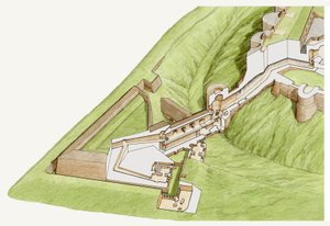 El espolón, castillo de Dover, Kent, c.1800-2023 (tinta y acuarela) de Stephen Conlin