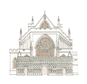 La fachada oeste de la catedral de Exeter, Devon (dibujo de 2002), c.1900-2023 (tinta y acuarela) de Stephen Conlin