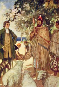 El capitán Cook (1728-79) presenta a los nativos unas ovejas y cabras, ilustración de "The Book of Discovery" de T.C. Bridges, publicada en 1931 (litografía en color) de Stephen Reid