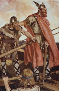 Erik el Rojo (950-1003/04) zarpa hacia Groenlandia, ilustración de "The Book of Discovery" de T.C. Bridges, publicada en 1931 (litografía en color)