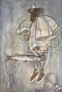 Fergus baja al lago, ilustración de "The High Deeds of Finn, and other Bardic Romances of Ancient Ireland" de T.W. Rolleston (litografía en color)
