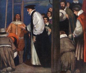 Laud entrando en la barcaza en Lambeth para ir a la Torre (litografía en color)