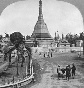 Pagoda Sule desde la calle Pagoda, Rangún, Birmania, 1908 de Stereo Travel Co