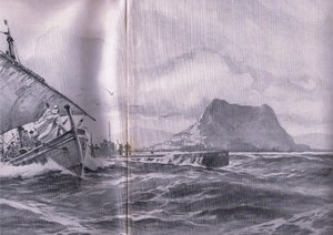 Submarino alemán viajando por los estrechos de Gibraltar en camino a los Dardanelos, de La Historia Ilustrada de la Guerra Mundial 1914-1915 publicada por Union Berlagsefellfchaft
