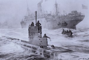 Hundimiento del barco mercante británico Linda Blanche por el submarino alemán U-21 frente a Liverpool, Primera Guerra Mundial, 30 de enero de 1915 de Willy  Stoewer 