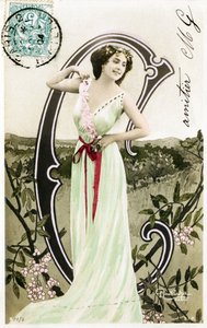 C: Bianca Toledo, artista, cantante y bailarina sevillana de la Belle Époque - Casino de París, Folies Bergère, Jardín de París - Alfabeto en postal de Studio Reutlinger