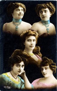 Postal de principios del siglo XX: mosaico de rostros de 5 mujeres jóvenes