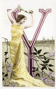 Y: Bianca Toledo, artista, cantante y bailarina sevillana de la Belle Époque - Casino de París, Folies Bergère - alfabeto en postal de Studio Reutlinger