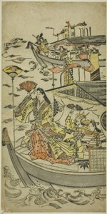 Lady Tamamushi levantando un objetivo de abanico de Sugimura Jihei
