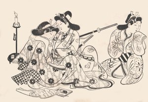 Samurái y cortesana sentados, un sirviente a su lado, ca. 1685 de Sugimura Jihei