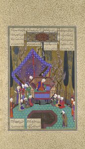 Zal consulta a los magos, Folio 73v del Shahnama Libro de los Reyes de Sultan Muhammad