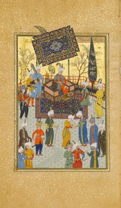 Khusrau sentado en su trono, Folio 64 de un Khamsa Quinteto de Nizami de Sultan Muhammad Nur, Mahmud Muzahhib, Shaikh Zada