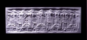 Impresión de sello cilíndrico con asa, Uruk (ahora Warka, Irak), c.3300-3000 a.C.