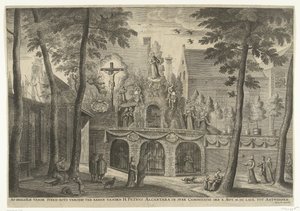 Stellage erigida en Amberes con motivo de la canonización de Pedro de Alcántara en 1669 Representación de la piedra-roca en honor a San Pedro Alcántara en la Canonización de la X. Sept. MDCLXIX a Amberes (título sobre objeto) de Susanna Verbruggen (possibly)