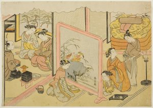 Una copa de sake antes de dormir (Toko sakazuki), la sexta hoja de la serie "Matrimonio en Estampas de Brocado, el Carro de la Mujer Virtuosa (Konrei nishiki misao-guruma)" de Suzuki Harunobu