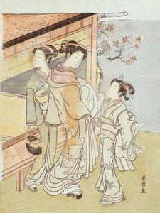 Una Dama y su Asistente Encuentran a un Mensajero de Suzuki Harunobu