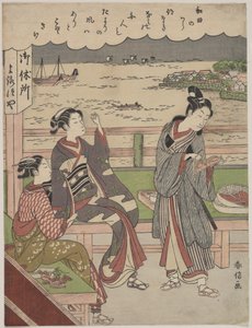 Un hombre y dos mujeres en una casa de té en Wada no Ura con vistas al mar de Suzuki Harunobu