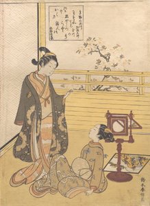 Un chico y una chica adolescentes con un visor para una imagen óptica Nozoki-karakuri, Kobo Da..., ca. 1788 de Suzuki Harunobu