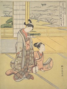 Un joven y una mujer con un shamisen, Monje Saigyo, de una serie aludiendo a los Tres..., ca. 1768 de Suzuki Harunobu
