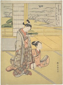 Un joven y una joven con un shamisen; el monje Saigyō, de una serie que alude a los Tres poemas vespertinos (Sanseki waka) de Suzuki Harunobu