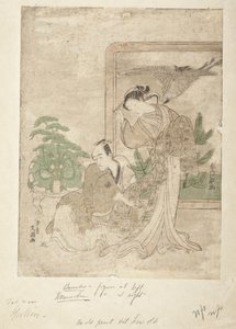 Actor y cortesana parodiando la escena de quitarse la armadura de la historia de los hermanos Soga de Suzuki Harunobu