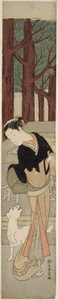 Belleza y un perro blanco en un santuario de Suzuki Harunobu