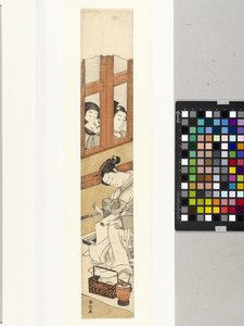 Cortesana que escribe cartas espiada por dos hombres de Suzuki Harunobu