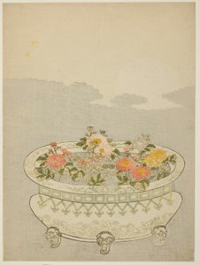 Crisantemos y la luna creciente de Suzuki Harunobu