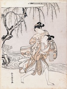 Pareja en la orilla del río, tinta y colores, Japón, Civilización japonesa, período Edo
