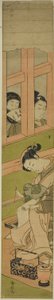 Cortesana escribiendo una carta mientras dos hombres observan a través de una celosía de ventana de Suzuki Harunobu