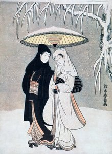 Cuervo y Garza, o Jóvenes Enamorados Caminando Juntos bajo un Paraguas en una Tormenta de Nieve, c1769