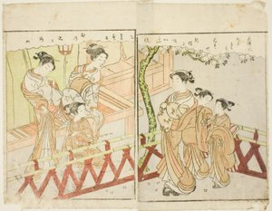 Ilustración de doble página del Vol. 2 de "Libro de imágenes de brocados de primavera (Ehon haru no nishiki)" de Suzuki Harunobu
