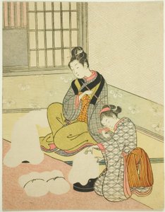 Nieve vespertina sobre un moldeador de hilo (Nurioke no bosetsu), de la serie "Ocho vistas del salón (Zashiki hakkei)" de Suzuki Harunobu