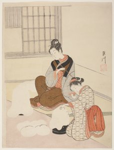 Nieve vespertina en un moldeador de hilo (Nurioke no bosetsu), de la serie "Ocho vistas del salón (Zashiki hakkei)" de Suzuki Harunobu