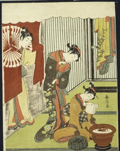 Figuras en un interior, una cortesana mirando a su shinzo que está leyendo una carta de amor de Suzuki Harunobu