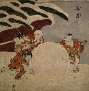 Cuatro niños haciendo una bola de nieve, c.1768 de Suzuki Harunobu
