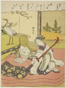 Fukurokuju, de la serie "Los siete dioses de la buena suerte en el mundo flotante (Ukiyo Shichi Fukujin)", c.1769 (xilografía en color; chuban) de Suzuki Harunobu