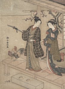 Caballero despidiéndose de su dama en una veranda de Suzuki Harunobu
