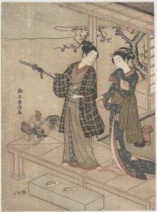 Un caballero despidiéndose de su amada en una terraza de Suzuki Harunobu