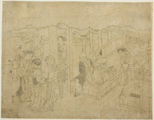 Bloque clave para La Introducción (Miai), la primera hoja de la serie "Matrimonio en impresiones de brocado, el carruaje de la mujer virtuosa (Konrei nishiki misao-guruma)" de Suzuki Harunobu