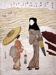 Dama y criada caminando junto a un río, c.1767