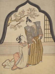 Los amantes se visten junto a una ventana de Suzuki Harunobu
