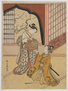 Amantes con una jaula de pájaros, período Edo, c.1766-67 de Suzuki Harunobu